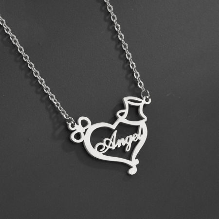 Picture of 1 Piece 304 Stainless Steel Customized Name Necklace Personalized Letter Charm Pendant Heart Hat Silver Tone 45cm(17.7") long