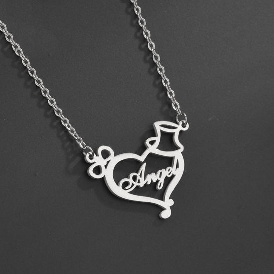 Picture of 1 Piece 304 Stainless Steel Customized Name Necklace Personalized Letter Pendant Heart Hat Silver Tone 45cm(17 6/8") long