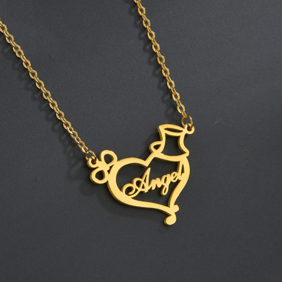Picture of 1 Piece 304 Stainless Steel Customized Name Necklace Personalized Letter Pendant Heart Hat Gold Plated 45cm(17 6/8") long