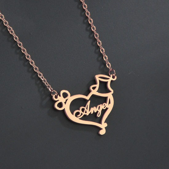 Picture of 1 Piece 304 Stainless Steel Customized Name Necklace Personalized Letter Pendant Heart Hat Rose Gold 45cm(17 6/8") long