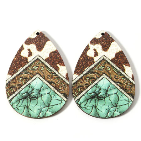 Picture of Natural Wood Boho Chic Bohemia Pendants Multicolor Drop Leopard Print 6cm x 4cm, 10 PCs