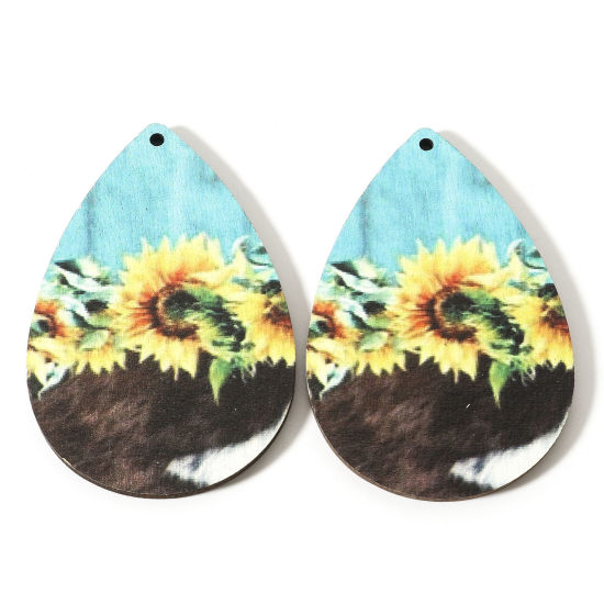 Picture of Natural Wood West Cowboy Pendants Multicolor Drop Sunflower 6cm x 4cm, 10 PCs