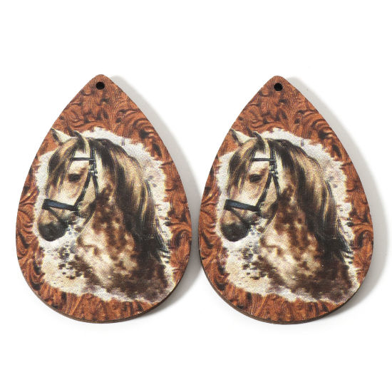 Picture of Natural Wood West Cowboy Pendants Brown Drop Horse 6cm x 4cm, 10 PCs