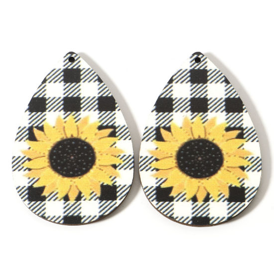 Picture of Natural Wood West Cowboy Pendants Multicolor Drop Sunflower 6cm x 4cm, 10 PCs