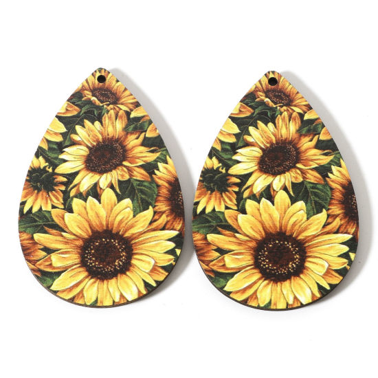 Picture of Natural Wood West Cowboy Pendants Multicolor Drop Sunflower 6cm x 4cm, 10 PCs