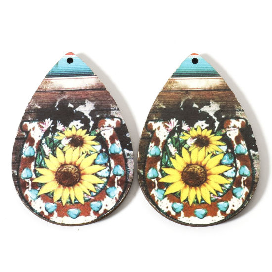 Picture of Natural Wood West Cowboy Pendants Multicolor Drop Sunflower 6cm x 4cm, 10 PCs