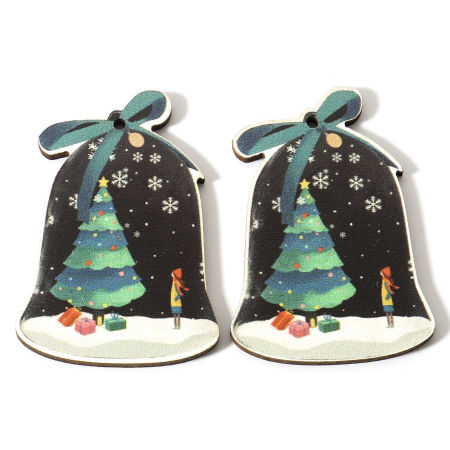 Image de Pendentifs Noël en Bois Naturel Multicolore Cloches Sapin de Noël 5.4cm x 3.8cm, 10 Pcs