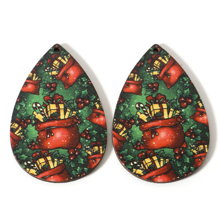 Image de Pendentifs Noël en Bois Naturel Multicolore Goutte d'Eau Boîte de Cadeau 5.4cm x 3.7cm, 10 Pcs