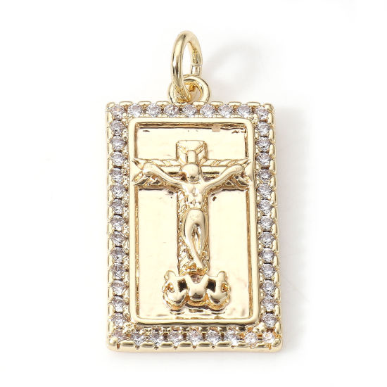 Picture of Brass Religious Charms 18K Real Gold Plated Rectangle Jesus Micro Pave Clear Cubic Zirconia 23.5mm x 12mm, 2 PCs                                                                                                                                              