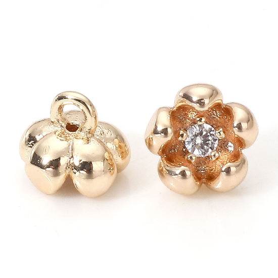 Picture of Brass Charms 18K Real Gold Plated Flower 3D Clear Cubic Zirconia 6mm x 5mm, 2 PCs                                                                                                                                                                             