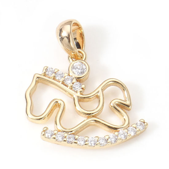 Picture of Brass Micro Pave Charms 18K Real Gold Plated Rocking Horse Hollow Clear Cubic Zirconia 18.5mm x 16mm, 2 PCs                                                                                                                                                   