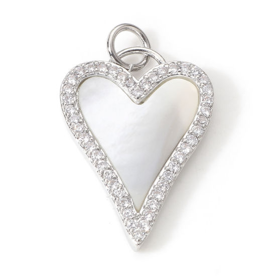 Picture of Brass Valentine's Day Charms Heart Micro Pave Clear Cubic Zirconia 24mm x 15mm, 1 Piece