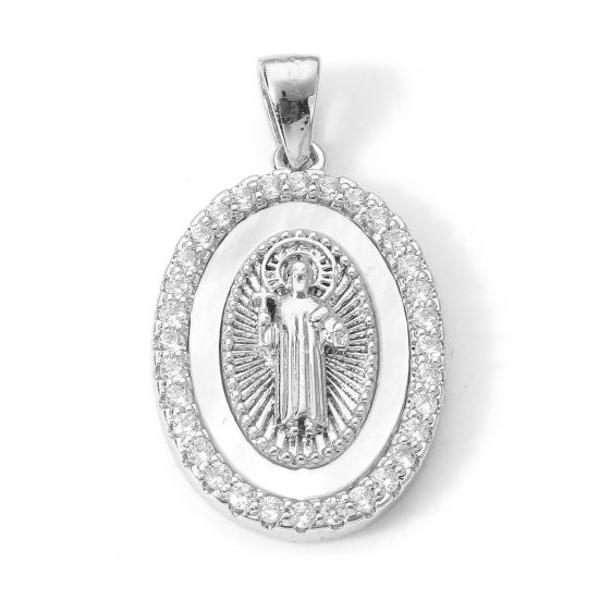 Picture of 1 Piece Brass Religious Charm Pendant Oval Jesus Micro Pave Clear Cubic Zirconia 26mm x 14.5mm