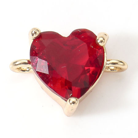 Picture of Brass Valentine's Day Connectors Charms Pendants Heart 18K Real Gold Plated Multicolour Cubic Zirconia 11mm x 8mm