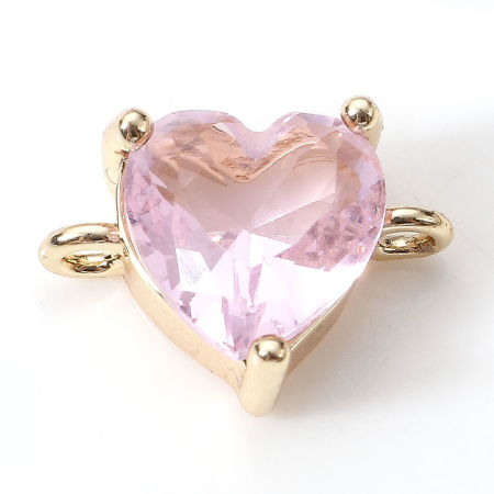 Picture of Brass Valentine's Day Connectors Charms Pendants Heart 18K Real Gold Plated Multicolour Cubic Zirconia 11mm x 8mm