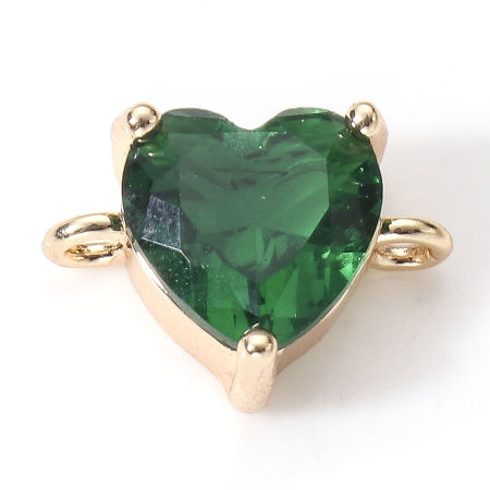 Bild von Messing Valentinstag Steckverbinder Charms Anhänger Herz 18K Vergoldet Grün Zirkonia 11mm x 8mm, 2 Stück
