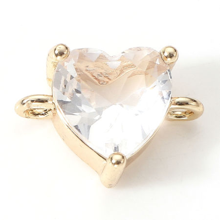 Bild von Messing Valentinstag Steckverbinder Charms Anhänger Herz 18K Vergoldet Klar Zirkonia 11mm x 8mm, 2 Stück