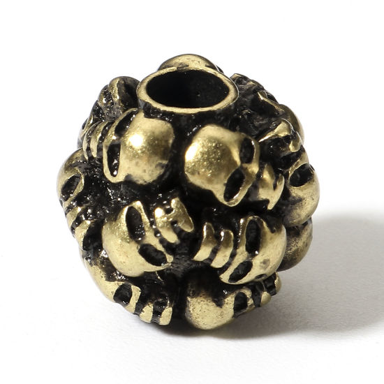 Image de Perles pour DIY Fabrication de Bijoux de Breloquee Rétro en Laiton Bronze Antique Rond Crânes 3D 10mm Dia., Trou: Environ 3mm, 1 Pièce                                                                                                                        