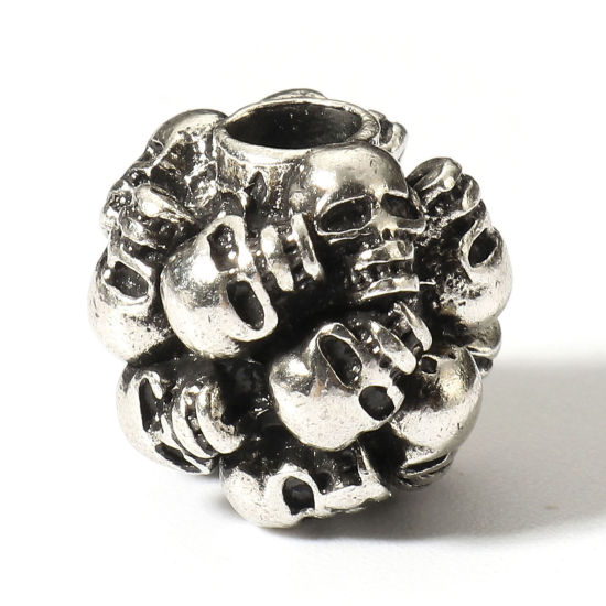 Image de Perles pour DIY Fabrication de Bijoux de Breloquee Rétro en Laiton Argent Vieilli Rond Crânes 3D 10mm Dia., Trou: Environ 3mm, 1 Pièce                                                                                                                        
