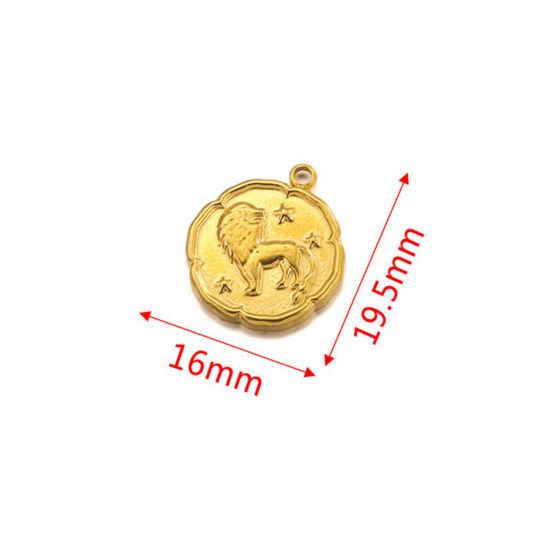 Image de Breloques en 304 Acier Inoxydable Rond Plaqué Or 18K Constellation Lion 16mm x 19.5mm , 2 Pcs
