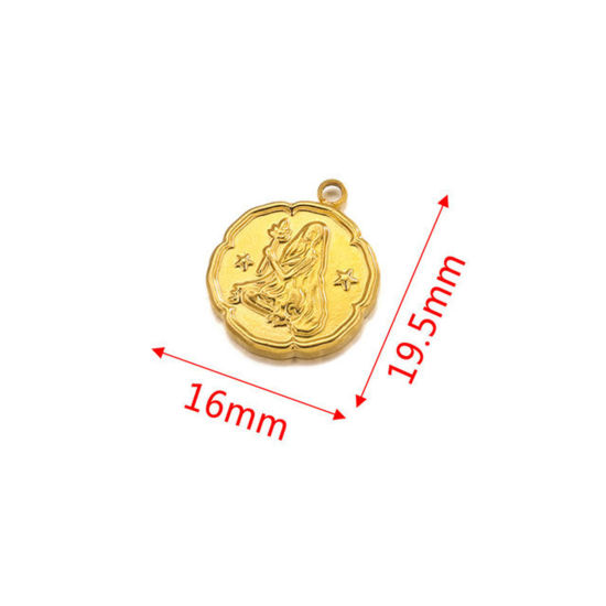 Image de Breloques en 304 Acier Inoxydable Rond Plaqué Or 18K Constellation Vierge 16mm x 19.5mm , 2 Pcs