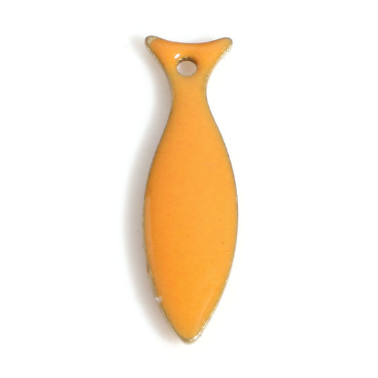 Bild von Messing Emaillierte Pailletten Charms Messingfarbe Orange Fisch Emaille 15mm x 4mm, 10 Stück                                                                                                                                                                  