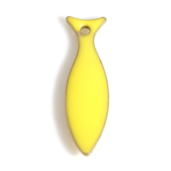 Bild von Messing Emaillierte Pailletten Charms Messingfarbe Gelb Fisch Emaille 15mm x 4mm, 10 Stück                                                                                                                                                                    