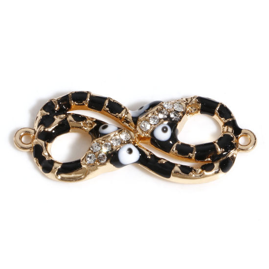 Picture of Zinc Based Alloy Religious Connectors Charms Pendants Gold Plated Black Infinity Symbol Evil Eye Snake Enamel 3.3cm x 1.3cm, 5 PCs