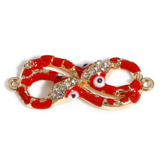 Picture of Zinc Based Alloy Religious Connectors Charms Pendants Gold Plated Red Infinity Symbol Evil Eye Snake Enamel 3.3cm x 1.3cm, 5 PCs