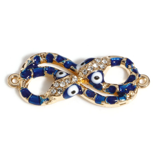 Picture of Zinc Based Alloy Religious Connectors Charms Pendants Gold Plated Dark Blue Infinity Symbol Evil Eye Snake Enamel 3.3cm x 1.3cm, 5 PCs