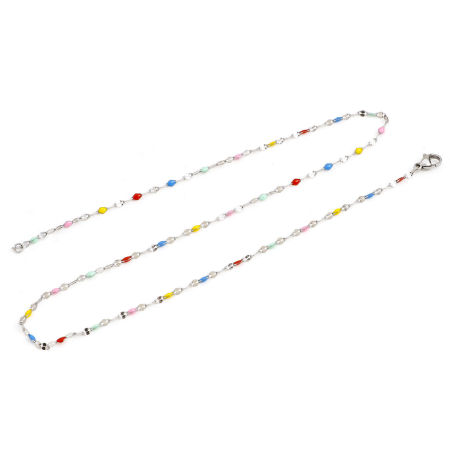 Image de Colliers En Gros Argent Mat en 304 Acier Inoxydable, Multicolore Émail Chaîne Maille Lèvres, Unisexe Élégant Minimaliste Cadeau Bijoux pour Détaillants 44.5cm long, Taille de la Chaîne: 2mm, 1 Pièce