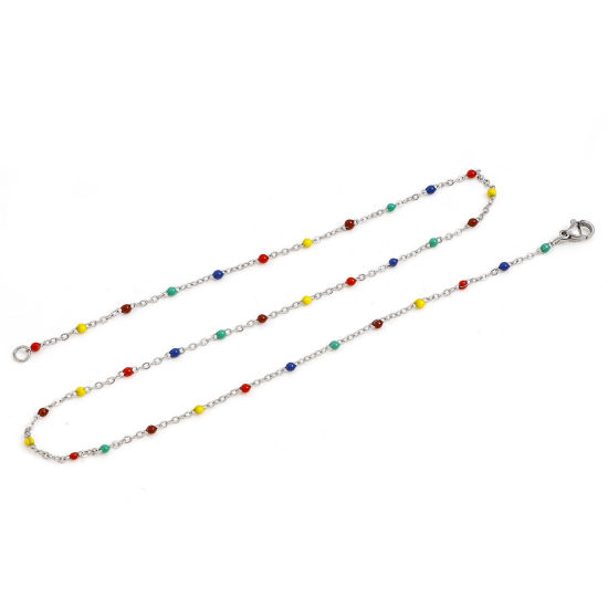 Picture of 304 Stainless Steel Link Cable Chain Necklace For DIY Jewelry Making Silver Tone Multicolor Enamel 45cm(17 6/8") long, Chain Size: 2mm, 1 Piece
