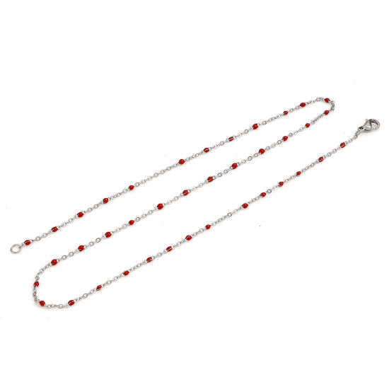 Picture of 304 Stainless Steel Link Cable Chain Necklace For DIY Jewelry Making Silver Tone Red Enamel 45cm(17 6/8") long, Chain Size: 2mm, 1 Piece