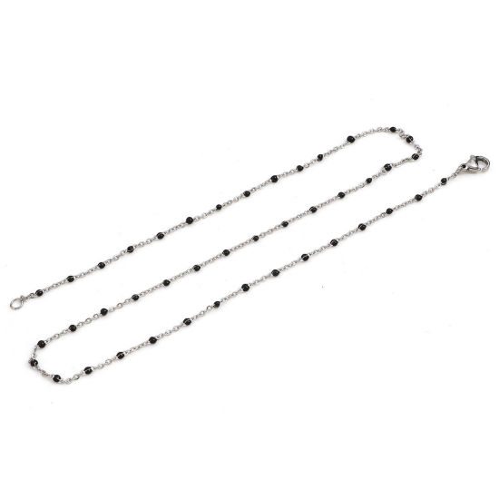 Picture of 304 Stainless Steel Link Cable Chain Necklace For DIY Jewelry Making Silver Tone Black Enamel 45cm(17 6/8") long, Chain Size: 2mm, 1 Piece