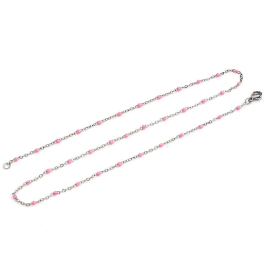Picture of 304 Stainless Steel Link Cable Chain Necklace For DIY Jewelry Making Silver Tone Pink Enamel 45cm(17 6/8") long, Chain Size: 2mm, 1 Piece