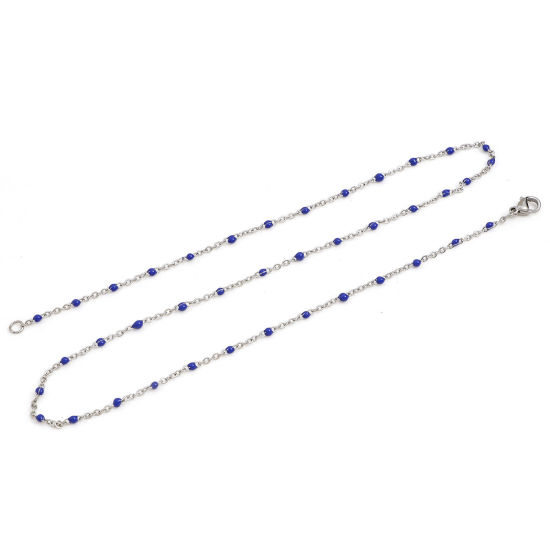 Picture of 304 Stainless Steel Link Cable Chain Necklace For DIY Jewelry Making Silver Tone Dark Blue Enamel 45cm(17 6/8") long, Chain Size: 2mm, 1 Piece