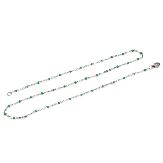 Picture of 304 Stainless Steel Link Cable Chain Necklace For DIY Jewelry Making Silver Tone Green Enamel 45cm(17 6/8") long, Chain Size: 2mm, 1 Piece
