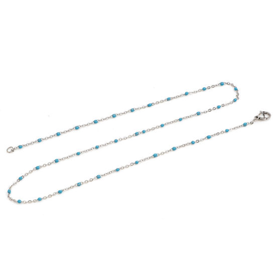 Picture of 304 Stainless Steel Link Cable Chain Necklace For DIY Jewelry Making Silver Tone Skyblue Enamel 45cm(17 6/8") long, Chain Size: 2mm, 1 Piece