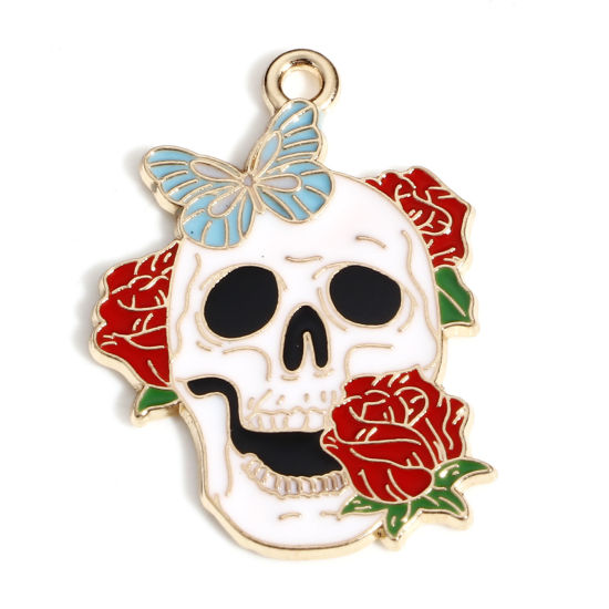 Immagine di Lega di Zinco Halloween Ciondoli Oro Placcato Multicolore Cranio Fiore Smalto 3cm x 2.1cm, 10 Pz