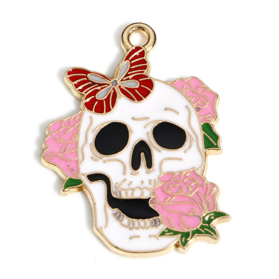 Immagine di Lega di Zinco Halloween Ciondoli Oro Placcato Multicolore Cranio Fiore Smalto 3cm x 2.1cm, 10 Pz
