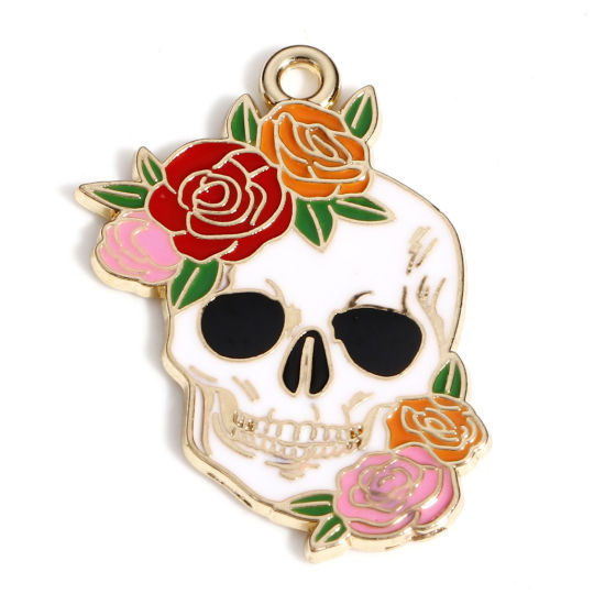 Immagine di Lega di Zinco Halloween Ciondoli Oro Placcato Multicolore Cranio Fiore Smalto 3cm x 2.2cm, 10 Pz