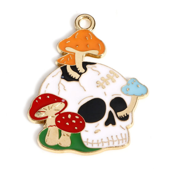 Immagine di Lega di Zinco Halloween Ciondoli Oro Placcato Multicolore Cranio Fungo Smalto 3cm x 2.3cm, 10 Pz