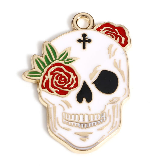 Immagine di Lega di Zinco Halloween Charms Oro Placcato Multicolore Cranio Fiore Smalto 28mm x 20mm, 10 Pz