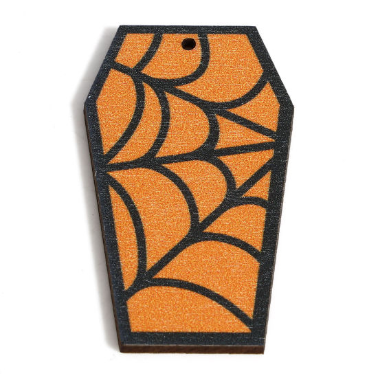 Immagine di Legno Halloween Ciondoli Arancione Bara Halloween Ragnatela 5cm x 2.9cm, 10 Pz