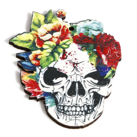 Immagine di Legno Halloween Ciondoli Multicolore Cranio Fiore 4.4cm x 3.8cm, 10 Pz