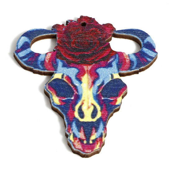 Immagine di Legno Halloween Ciondoli Multicolore Testa di Toro/Testa di Mucca Fiore 5cm x 4.5cm, 10 Pz