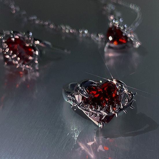 Bild von Messing Y2K Offen Ring Dornenform Herz Platin Plattiert Rot Imitat Halbedelstein 17mm (US Größe 6.5), 1 Stück                                                                                                                                                 