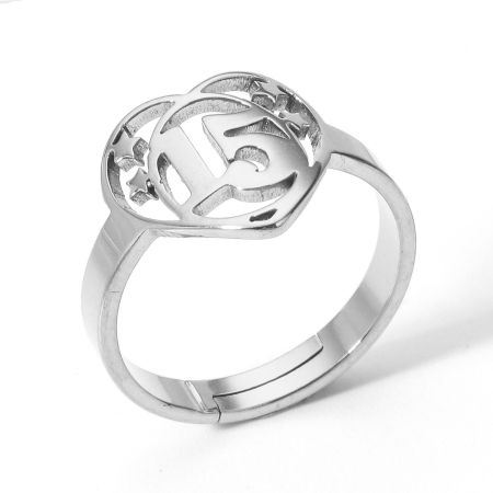 Picture of 2 PCs 304 Stainless Steel Open Adjustable Rings Silver Tone Heart Number Message " 15 " 16.9mm(US Size 6.5)