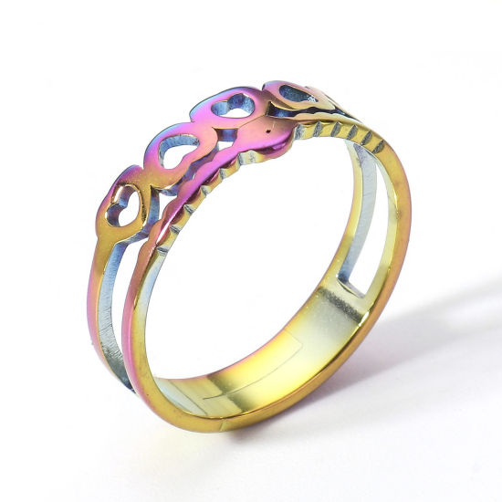 Picture of 2 PCs 304 Stainless Steel Open Adjustable Rings Rainbow Color Plated Heart 16.9mm(US Size 6.5)