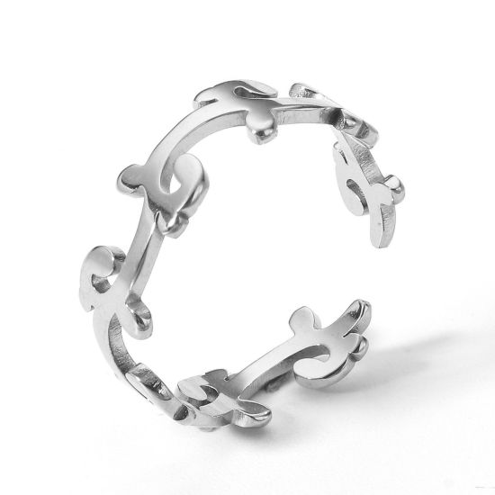 Picture of 2 PCs 304 Stainless Steel Open Adjustable Rings Silver Tone Flower Vine 16.9mm(US Size 6.5)